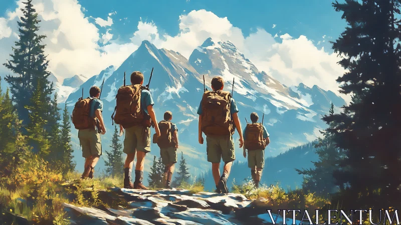 Backpackers trek toward sunlit alpine peaks in summer.