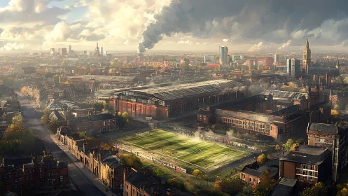 Aerial digital panorama captures industrial stadium district
