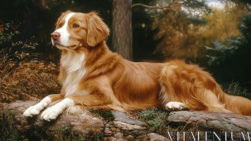 Golden woodland dog resting calmly on mossy stones.