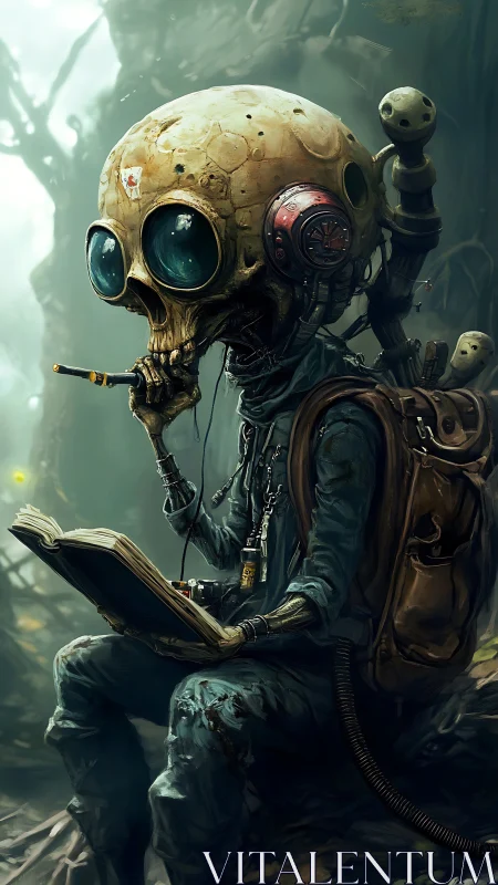 Skull-helmeted wanderer reading in eerie misty forest.