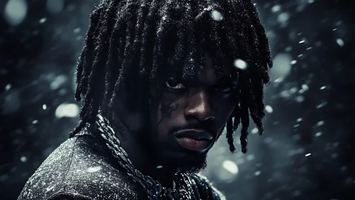 Male subject with dreadlocks stands in low key snowy lighting