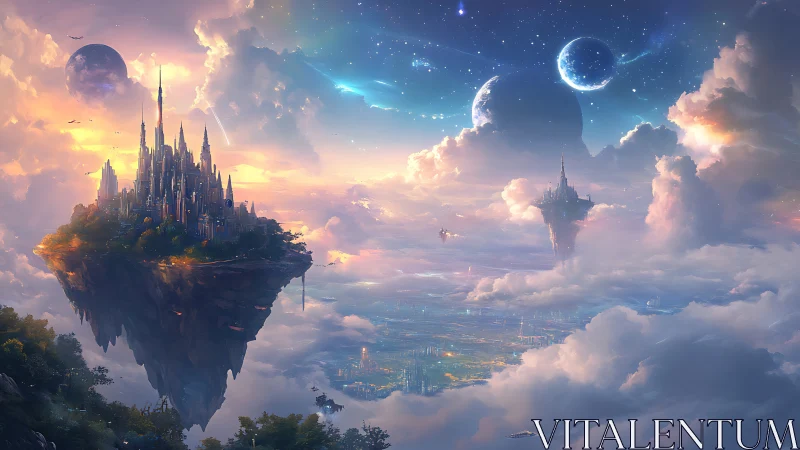 Floating celestial metropolis under radiant twin moons.