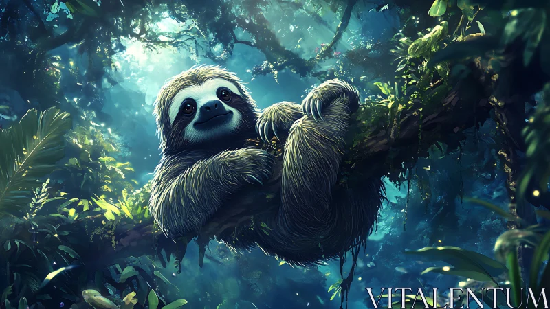 Bioluminescent jungle sloth rendered in luminous digital detail.