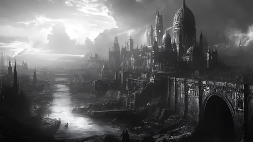 Monochrome neo-gothic megacity skyline over industrial river