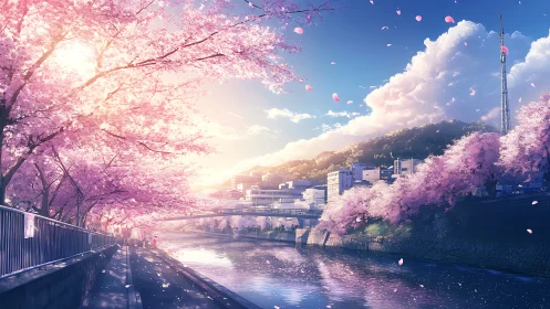 High dynamic range riverfront sakura promenade under backlit sunset