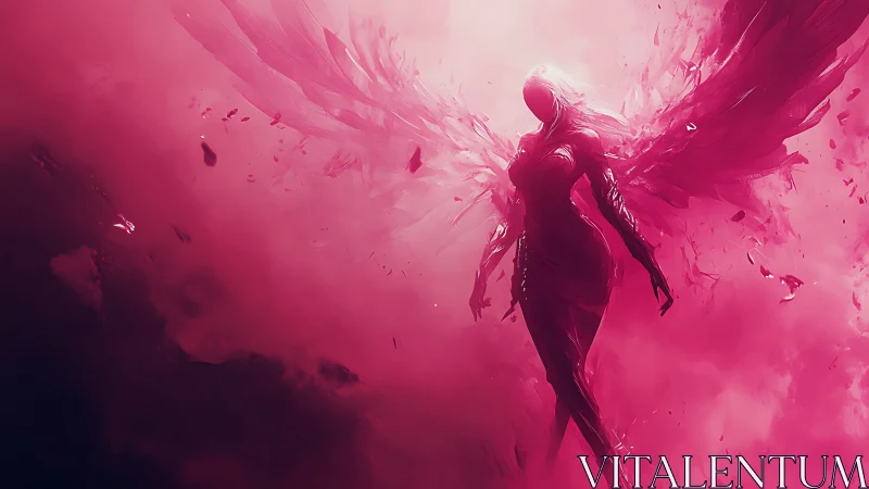 Crimson winged entity emerges through radiant astral haze.