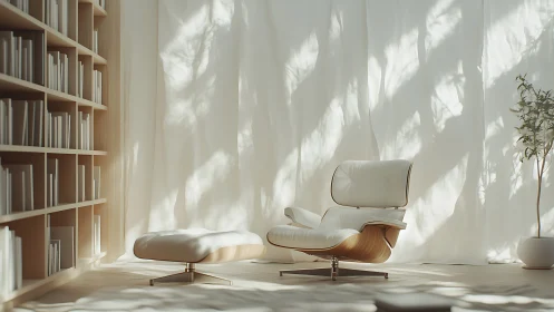 Minimalist reading lounge with white Eames chair and ottoman.