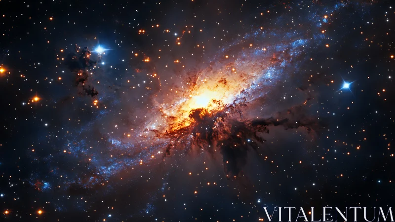 Spiral galaxy core with dense star field and gas clouds.