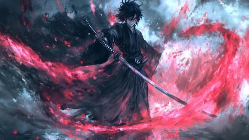 Sword-wielding figure stands within red energy vortex
