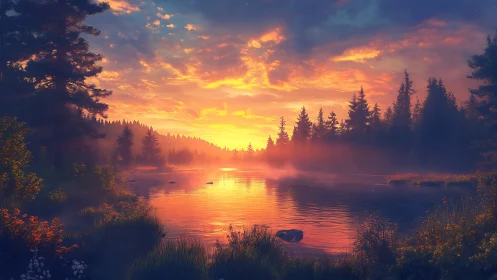 Radiant misty lakeside sunset with silhouetted conifer forest