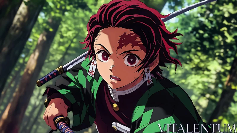 Dynamic anime swordsman in forest, high-intensity action study.