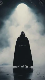 Backlit armored figure in misty sci-fi corridor environment