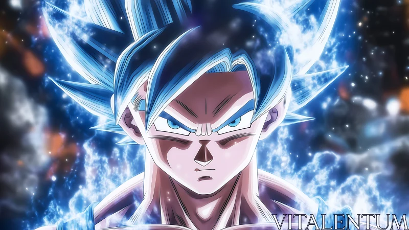Blue-haired anime fighter is centered amid luminous aura