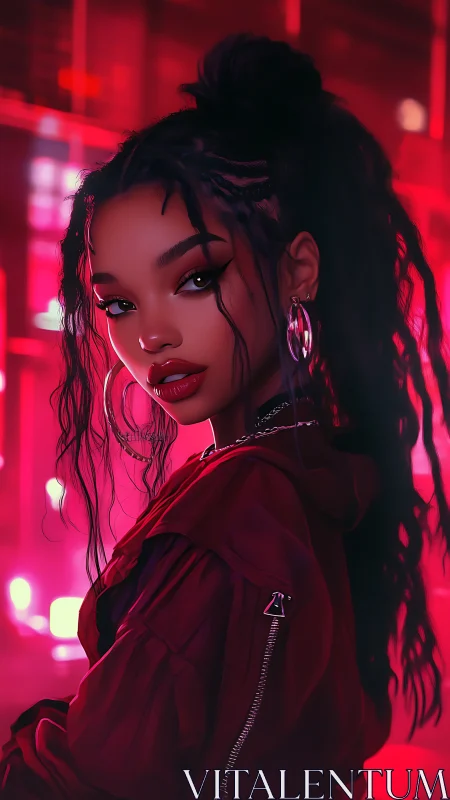 Digital portrait of woman in neon red urban lighting scene.