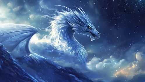 Celestial ice dragon rising through stormlit cosmic sea.