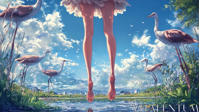 Girl levitating above wetland pond with cranes in anime style