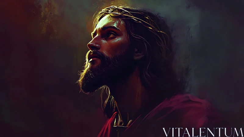 Contemplative bearded man gazes toward light in solemn dark