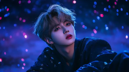 Dreamy night portrait glows in neon blue and magenta light