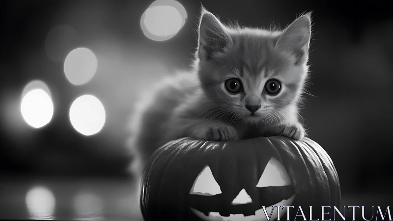 Kitten Perched on Jack-o'-Lantern in Monochrome