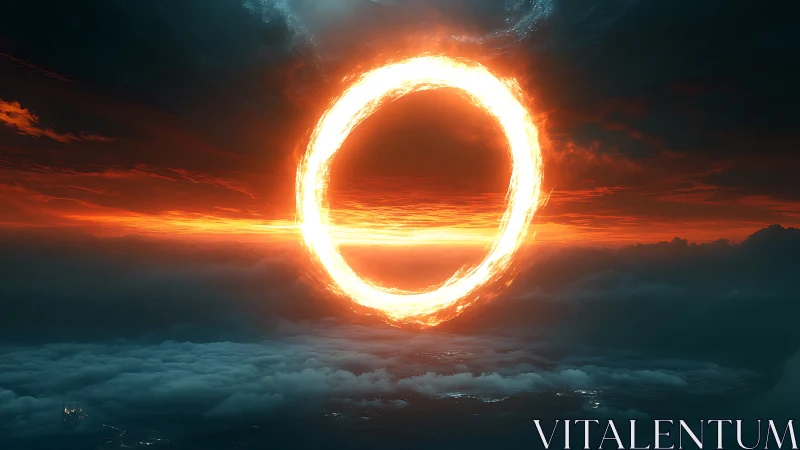 Blazing celestial ring burns above stormy twilight clouds