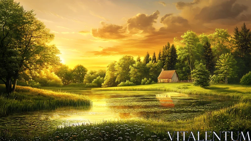 Golden lakeside sunset bathes secluded forest cottage in light.