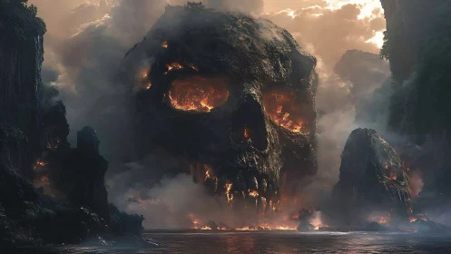 Colossal flaming stone skull looms above misty coastal gorge