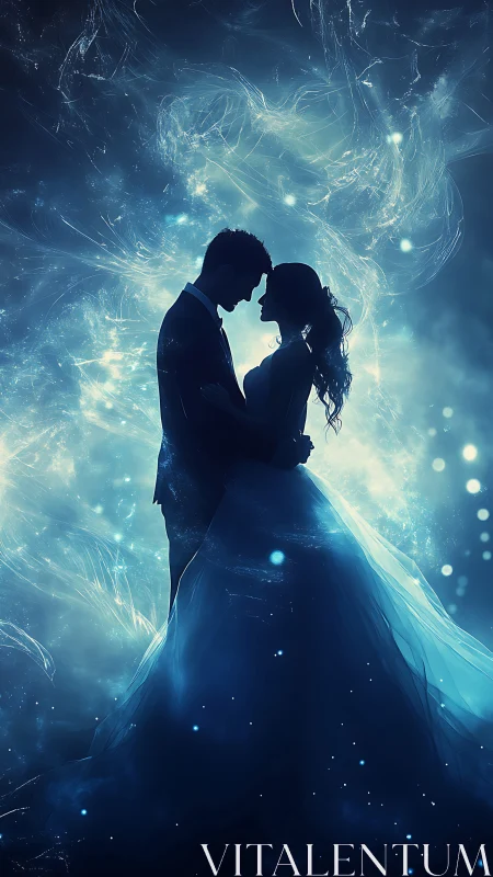 Two silhouetted figures in close proximity against luminous digital background.