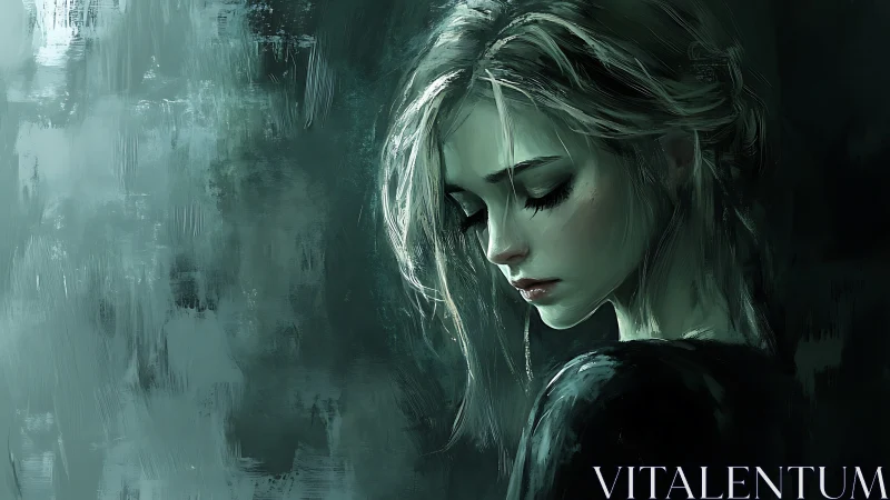 Melancholic woman in muted green digital portrait turns away