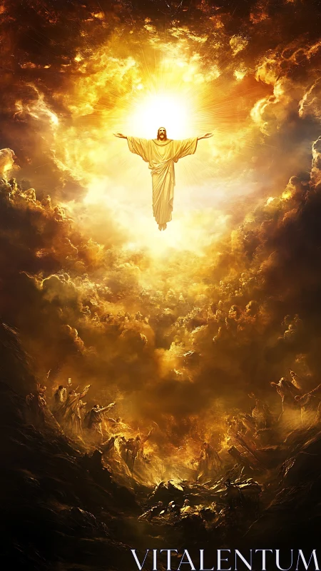 Radiant Christ ascends above swirling golden judgment clouds.