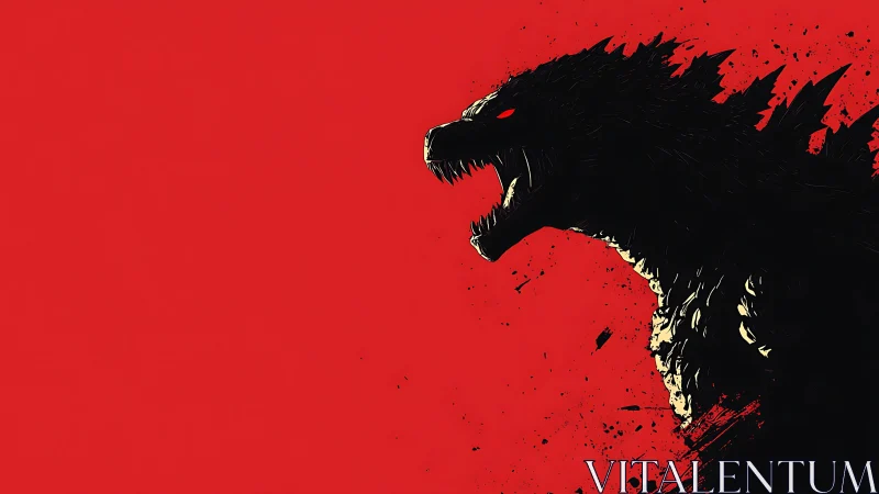 Roaring kaiju silhouette tears across stark red void