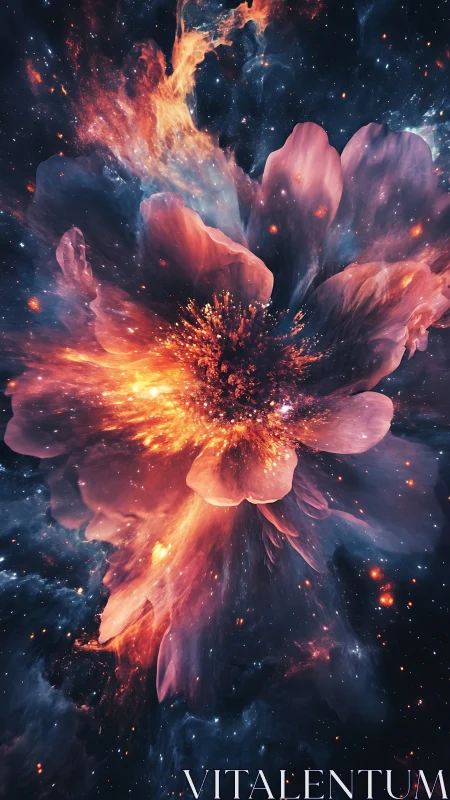 Stellar bloom erupts in a cosmic nebula of fire and petals.
