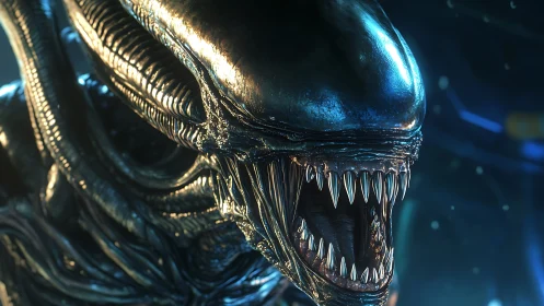 Xenomorphic alien close-up in cinematic blue backlighting.