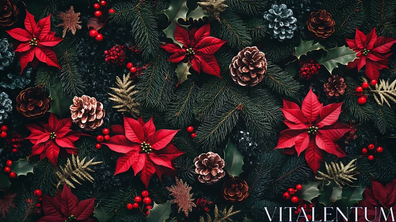 Festive poinsettias and pinecones create a cozy holiday bed