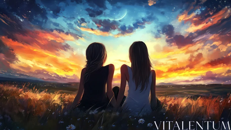 Two friends share a glowing sunset beneath a tender crescent sky