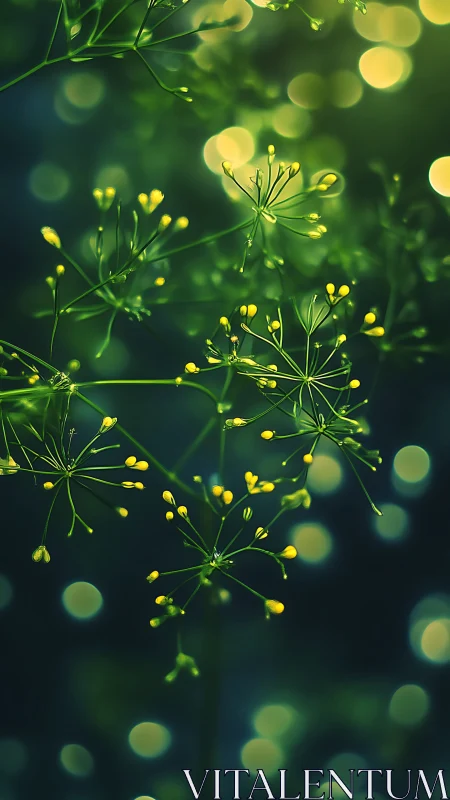 Green plant stems with yellow buds against blurred light bokeh