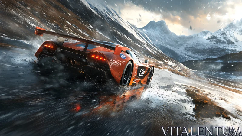 Orange race car on wet mountain road in snowstorm conditions.