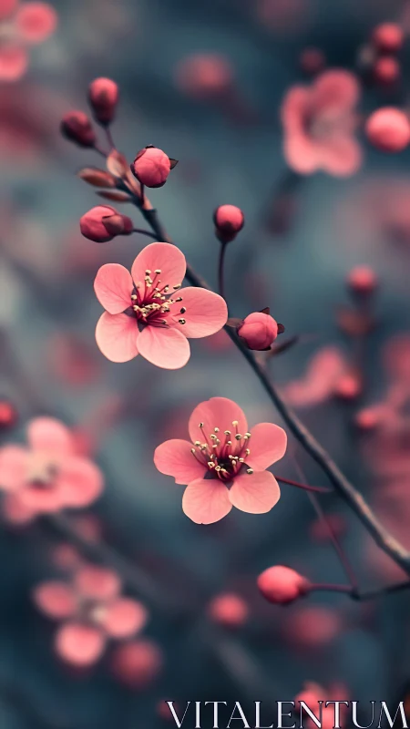 Cherry Blossoms in Full Bloom Against Soft Blue Backdrop.