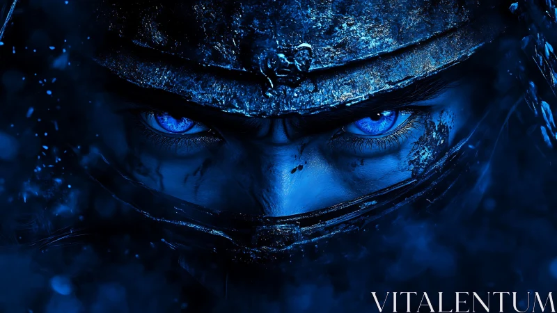 Close frontal view of armored figure with blue illuminated eyes.