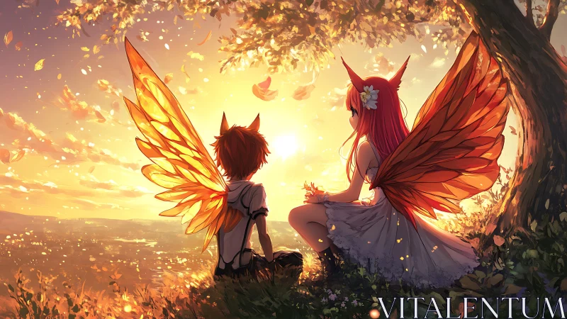 Sunlit winged youths under autumn canopy at golden hour.