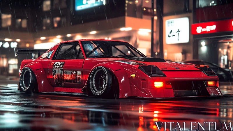 Retro widebody drift car in neon rain-soaked city street.