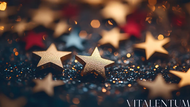 Golden star confetti in warm festive bokeh glow.
