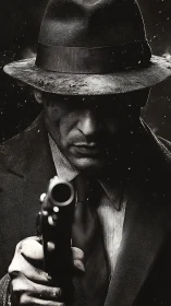 Mysterious noir detective steps from the shadows, gun raised.