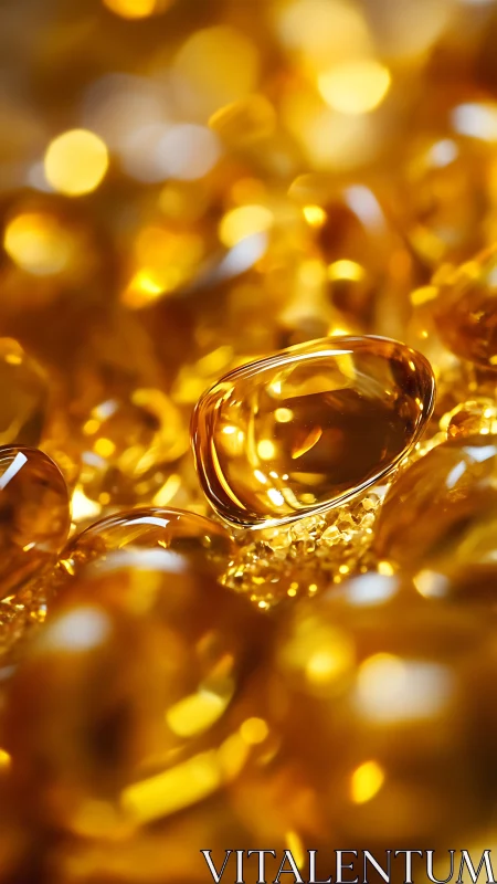 Golden softgel capsules glowing in a dreamy close-up view.