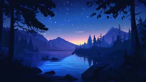 Calm starlit lake and pine forest at twilight landscape.