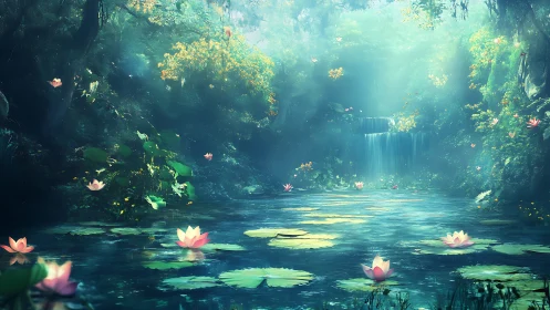 Enchanted lily pond shimmers beneath soft forest waterfalls.