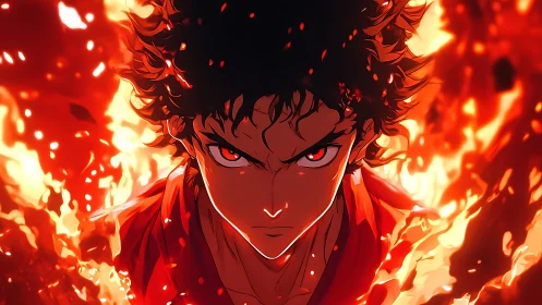 Fiery anime warrior stares ahead with blazing determination.