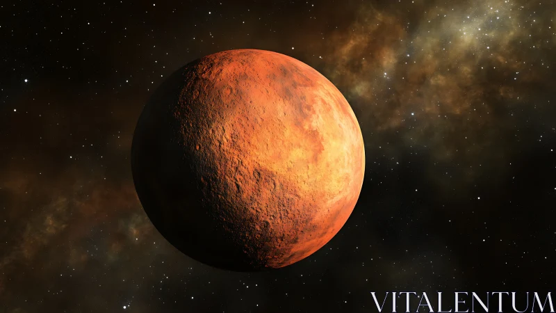 Lone rust-colored planet glows against dense star field.