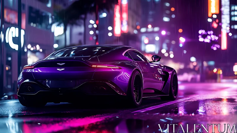 Purple sports car reflects neon city lights on wet street