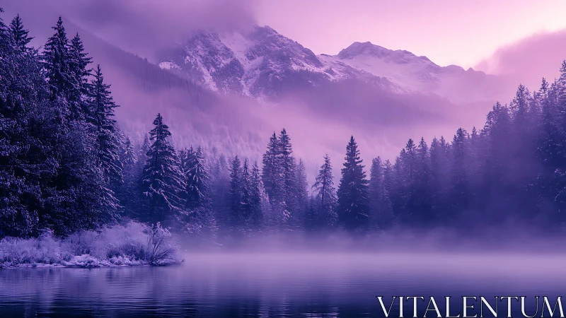 Purple dawn mist over snowy alpine forest lake panorama.
