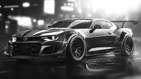 Monochrome widebody track Camaro rendered in cinematic gloss.